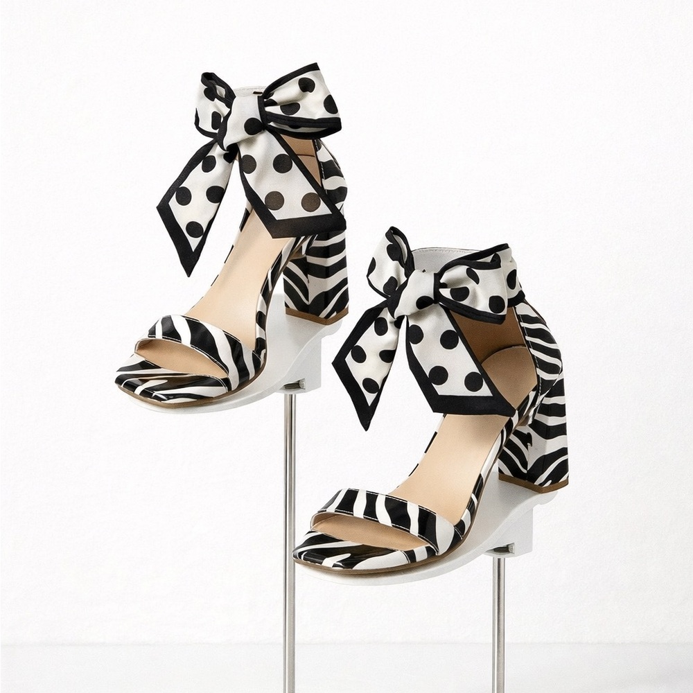 Black & White Bow Tie Heeled Sandals | Zebra Print | Polka Dot | Block Heel - Picture 2 of 2